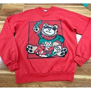 Vintage 90s Christmas Sweater‎ Large B.J. Design Concepts Red Green Rock Bear